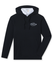 Club Pro Hoodie in Black, flat lay front view featuring a black pullover hoodie with the Straight Down Golf Company "Established 1989" logo on the left chest and kangaroo pocket