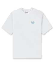 Men's Island Time Tee in White, flat lay front view featuring a white crew neck tee with a small blue Straight Down logo graphic on the left chest