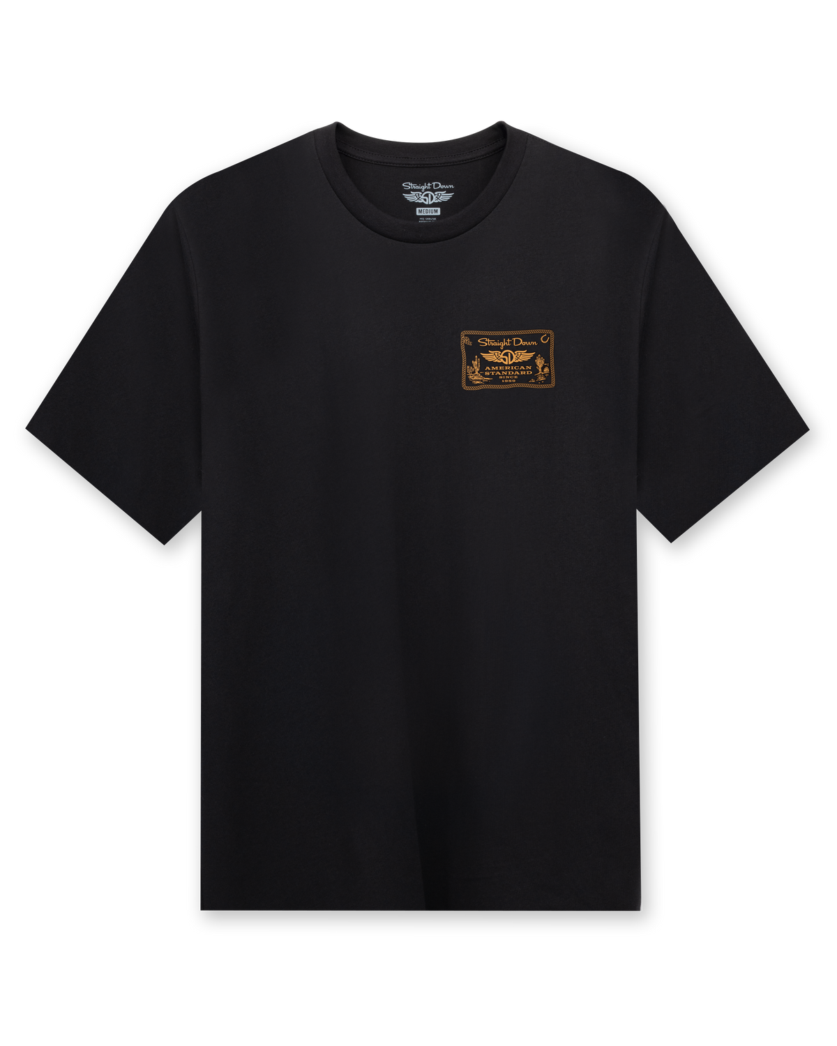 American Standard Tee in Black featuring a small gold western-inspired Straight Down graphic on the left chest.