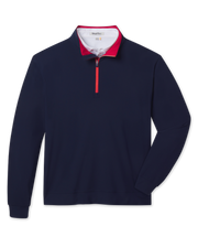 Bel Air Quarter Zip in New Indigo body with Flag Red contrast interior collar and zipper detail, front flat lay product view