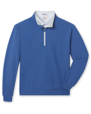 Men's Bel Air Quarter Zip in Moonlight, flat lay front view featuring a blue textured quarter-zip pullover with contrast light blue zip placket and ribbed cuffs