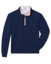 Men's Bel Air Quarter Zip in New Indigo, flat lay front view featuring a navy textured quarter-zip pullover with contrast blush pink zip placket and ribbed cuffs