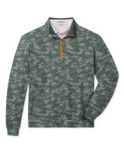 Arlington Quarter Zip in Dark Forest featuring an all-over green camouflage print and contrasting orange zipper.