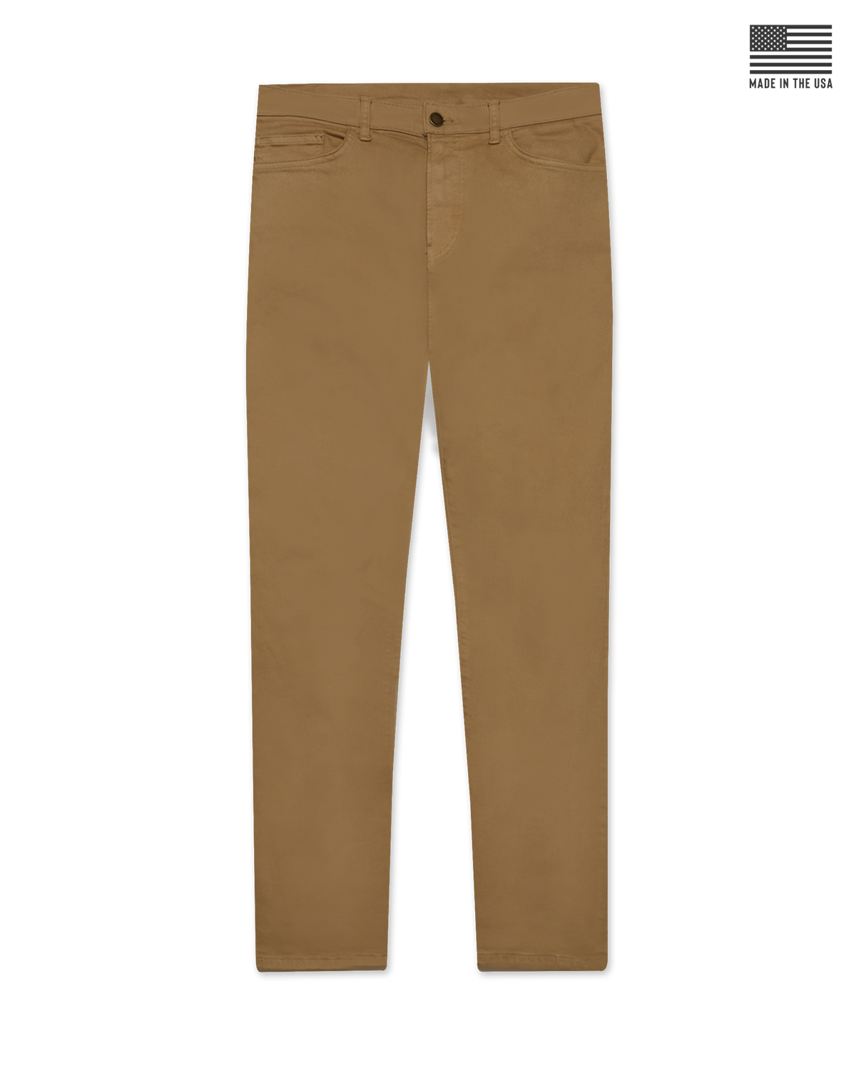 Men's Henderson 5 Pocket Pant in Bronze, flat lay front view featuring a solid construction with five-pocket styling and a button waistband closure
