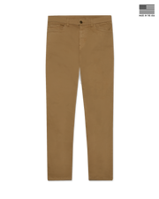 Men's Henderson 5 Pocket Pant in Bronze, flat lay front view featuring a solid construction with five-pocket styling and a button waistband closure