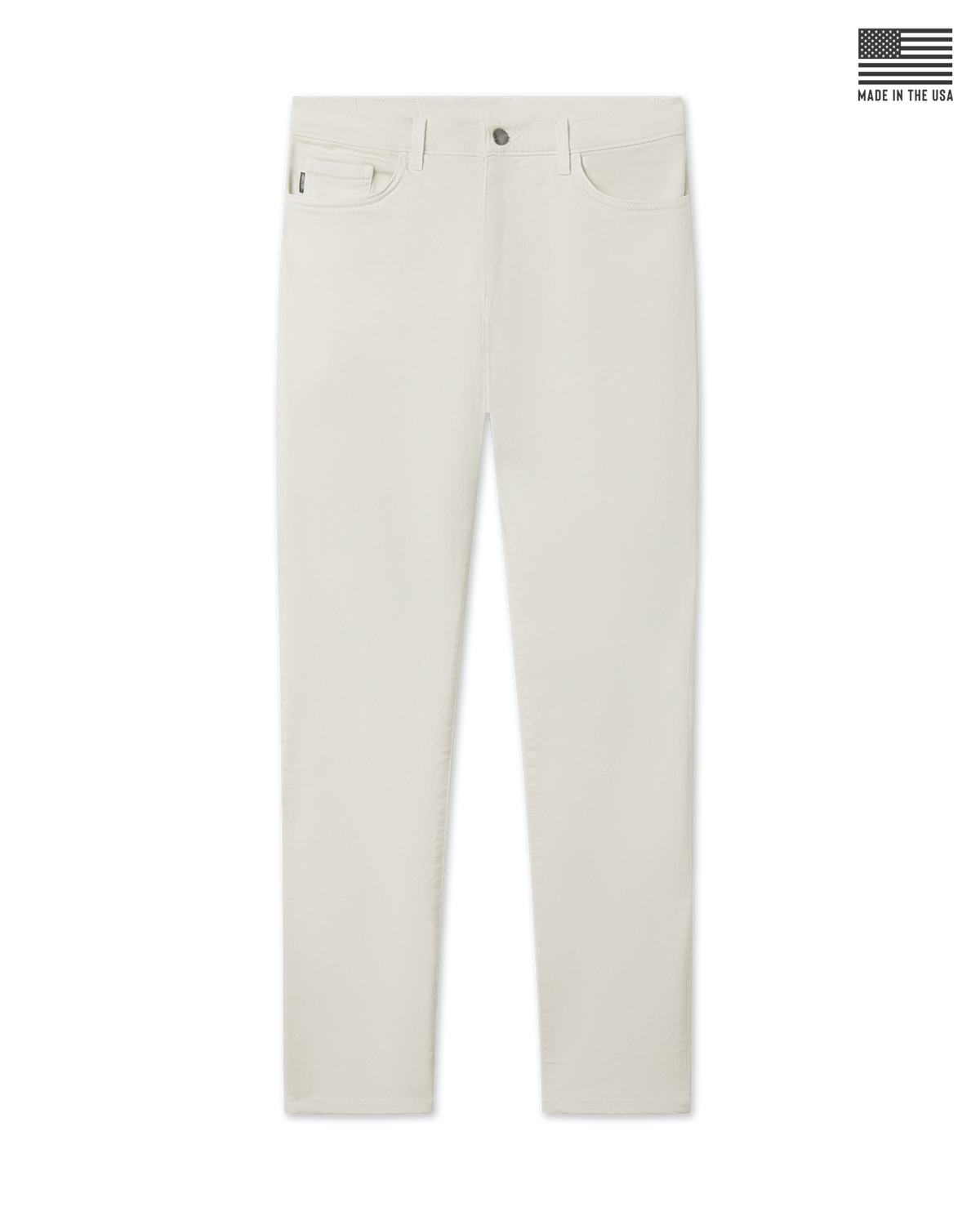 Men's Henderson 5 Pocket Pant in Stone, flat lay front view featuring a solid construction with five-pocket styling and a button waistband closure