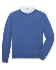 Moonlight blue long sleeve textured crewneck pullover with ribbed collar, cuffs, and hem.