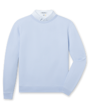 Light blue long sleeve textured crewneck pullover with ribbed collar, cuffs, and hem.