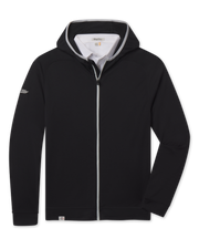 Condor Full Zip Hoodie in Black featuring a full-length contrast zipper, attached hood, long sleeves, and logo detail on the sleeve.