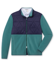 Okemo Hybrid Fleece Jacket in Sage Green with blue quilted upper panels, full-zip front, and stand collar
