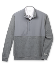 Men's Harding Hybrid Quarter Zip in Storm, flat lay front view featuring a colorblock construction with a solid grey chest panel and heathered charcoal body and sleeves, quarter zip closure, stand-up collar with contrast interior, Straight Down logo sleeve patch, and ribbed cuffs and hem, layered over a white collared shirt