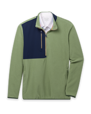 Men's Moonstone Quarter Zip in Moss, flat lay front view featuring a sage green fleece body with a navy contrast chest panel, gold zipper tape, long sleeves, and side hand pockets