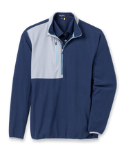 Men's Moonstone Quarter Zip in New Indigo, flat lay front view featuring a navy fleece body with a grey contrast chest panel, light blue zipper tape, long sleeves, and side hand pockets
