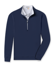Men's Patron Quarter Zip in New Indigo, flat lay front view featuring a solid navy long sleeve quarter zip with a grey collar interior and ribbed cuffs and hem