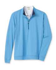 Men's Patron Quarter Zip in Niagara, flat lay front view featuring a solid light blue long sleeve quarter zip with a navy collar interior and ribbed cuffs and hem