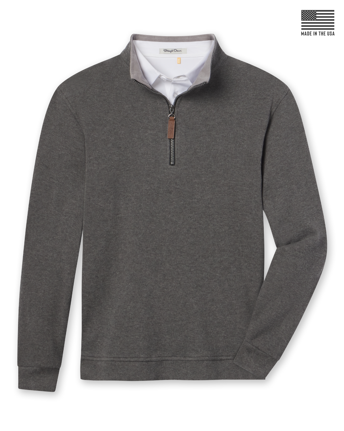 A dark heather gray quarter-zip pullover sweater with a contrasting light gray inner collar and a brown zipper pull, with a 'Made in the USA' flag graphic in the top right corner.