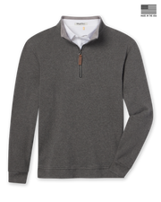 A dark heather gray quarter-zip pullover sweater with a contrasting light gray inner collar and a brown zipper pull, with a 'Made in the USA' flag graphic in the top right corner.