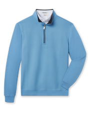 Men's Cardiff Quarter Zip in Coastal, flat lay front view featuring a light blue textured quarter-zip pullover with contrast navy collar interior and ribbed cuffs