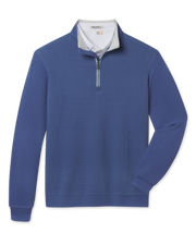 A men's quarter-zip pullover sweater in a blue color, featuring a white inner collar and a silver zipper, displayed on a clean white background.