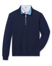 Men's Cardiff Quarter Zip in New Indigo, flat lay front view featuring a navy quarter-zip pullover with contrast light blue collar interior and ribbed cuffs