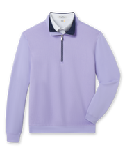 Men's Cardiff Quarter Zip in Violet, flat lay front view featuring a light purple textured quarter-zip pullover with contrast navy collar interior and ribbed cuffs