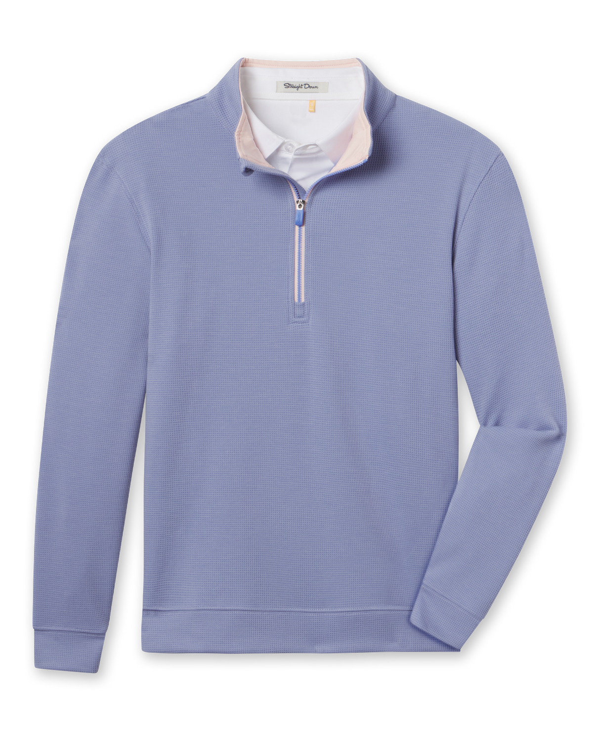 Warren Quarter Zip in Blue Shade with textured mini-grid fabric, a stand collar and blush zipper trim.