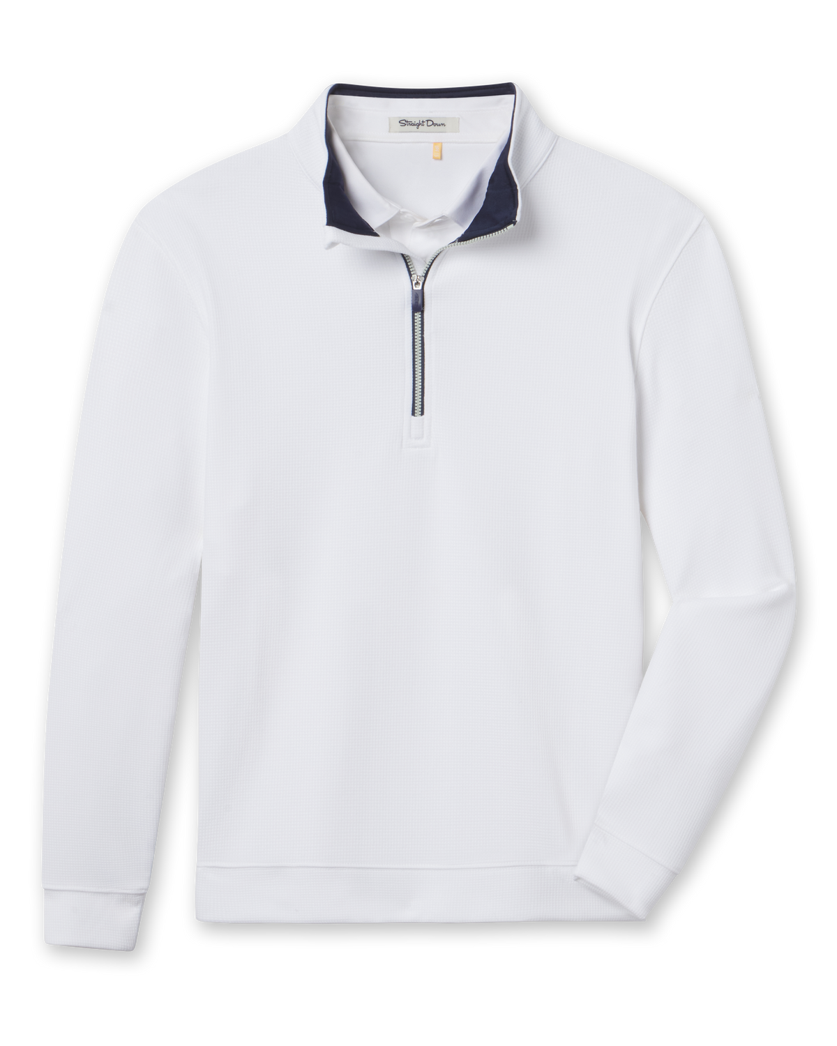 White Warren Quarter Zip featuring a subtle mini-grid texture, navy contrast collar lining, and quarter-zip closure.