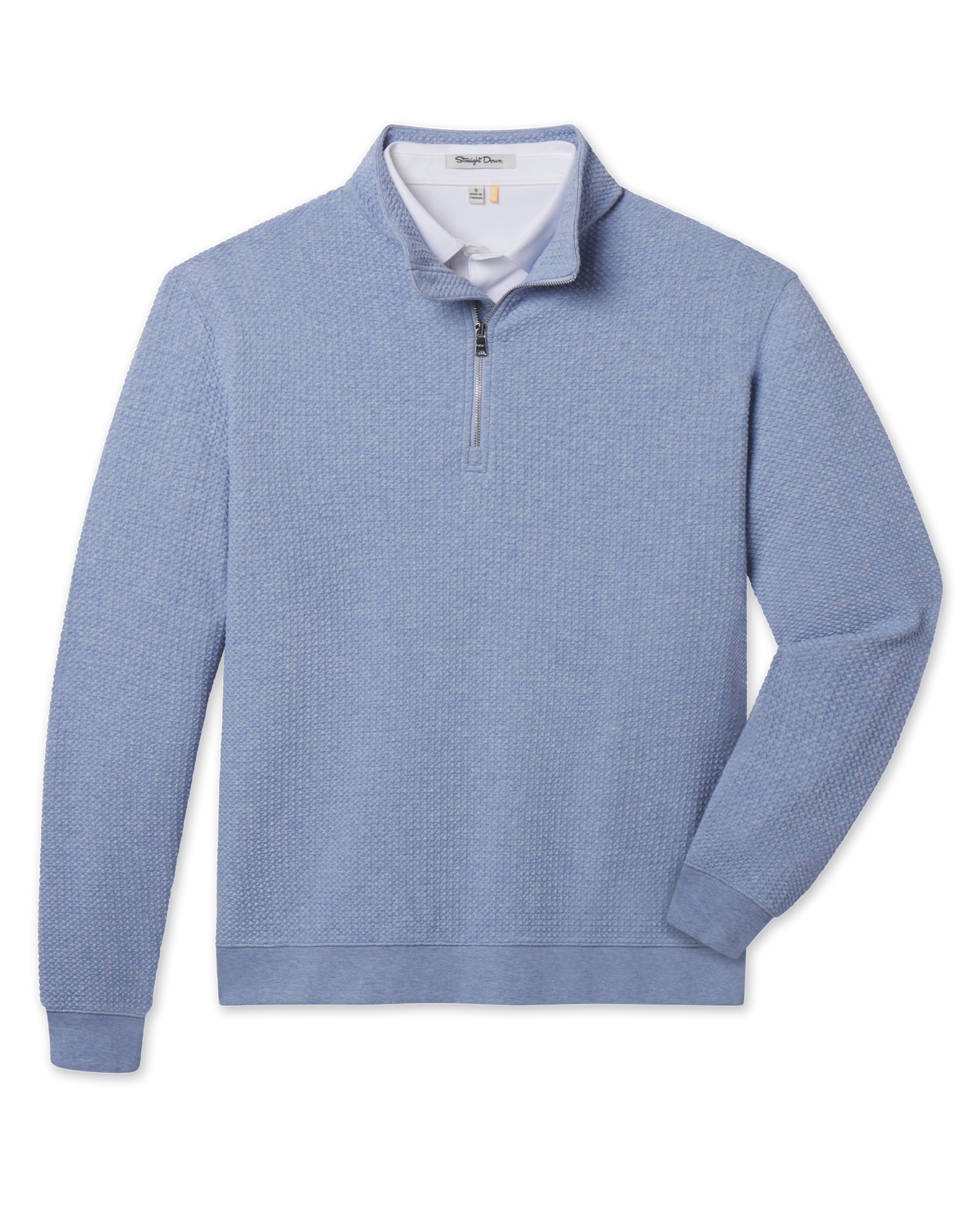 Front product view of the Topanga Quarter Zip in Blue Shade, featuring a light blue textured knit, stand collar, quarter-zip closure, banded hem, and sleeve cuffs.