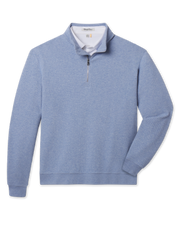 Front product view of the Topanga Quarter Zip in Blue Shade, featuring a light blue textured knit, stand collar, quarter-zip closure, banded hem, and sleeve cuffs.