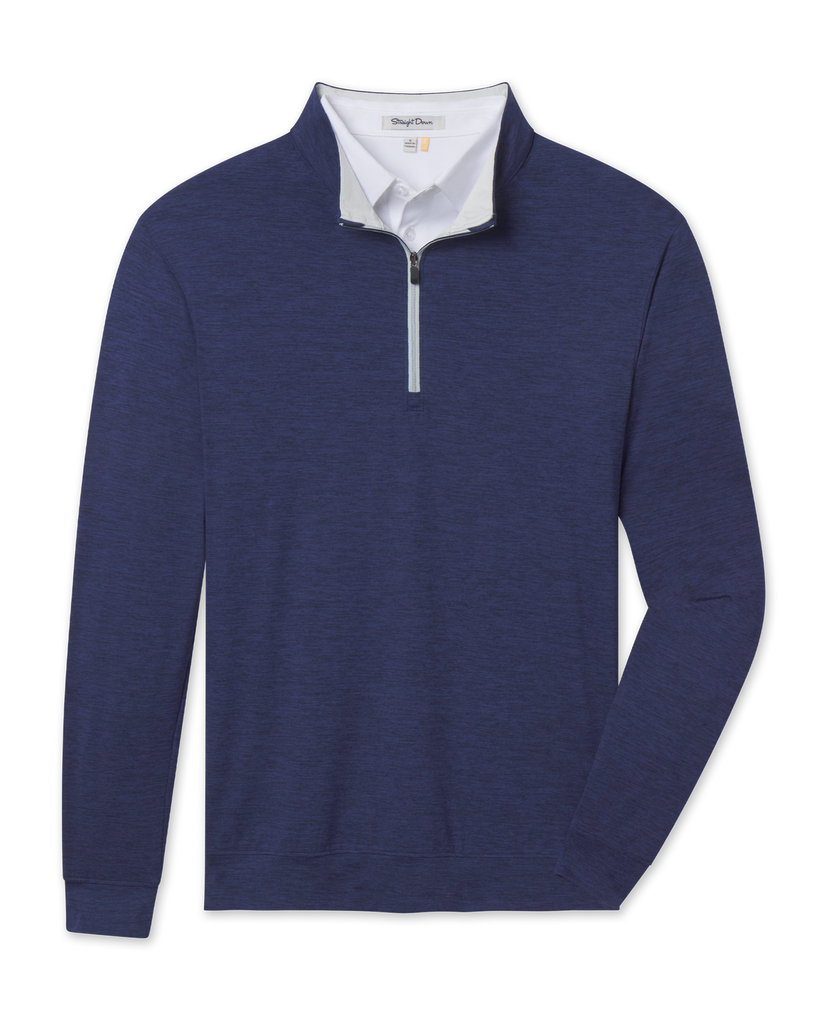Front product view of the Palmer Quarter Zip in New Indigo, featuring a heathered blue finish, stand collar, and contrast quarter-zip placket.