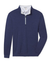 Front product view of the Palmer Quarter Zip in New Indigo, featuring a heathered blue finish, stand collar, and contrast quarter-zip placket.