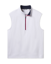 Carson Vest in White body, New Indigo inner contrast collar, and Flag Red zipper trim, quarter-zip golf vest front view