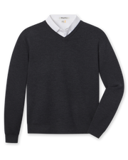 Connery V-Neck Sweater in Dark Grey Heather featuring a classic V-neck, long sleeves, and ribbed cuffs and hem.
