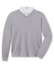 Connery V-Neck Sweater in Light Grey featuring a classic V-neck, long sleeves, and ribbed cuffs and hem.