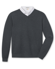 Wallace V-Neck Sweater in Dark Grey Heather layered over a white polo, front view