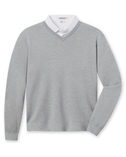 Wallace V-Neck Sweater in Light Grey Heather layered over a white polo, front view