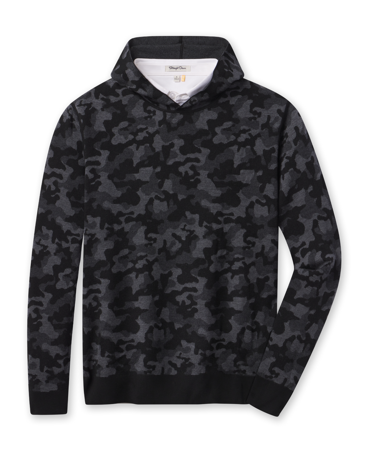 Crenshaw Reversible Sweater Hoodie in Charcoal featuring a black and gray camouflage pattern with ribbed cuffs and hem.