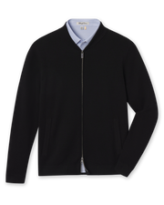 Men's Sarazen Knit Bomber in Black, flat lay front view featuring a full-zip black fine knit bomber with stand collar, side pockets, and gunmetal zipper hardware worn over a light blue polo