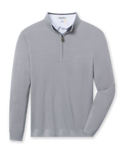 Men's St. Andrews Quarter Zip in Heather, flat lay front view featuring a heathered grey textured knit quarter zip with a grey collar interior, long sleeves, and ribbed cuffs and hem