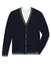 Men's Gilmore Cardigan in New Indigo, flat lay front view featuring a navy knit body with green and yellow tipped trim along the V-neckline, front opening, hem, and cuffs