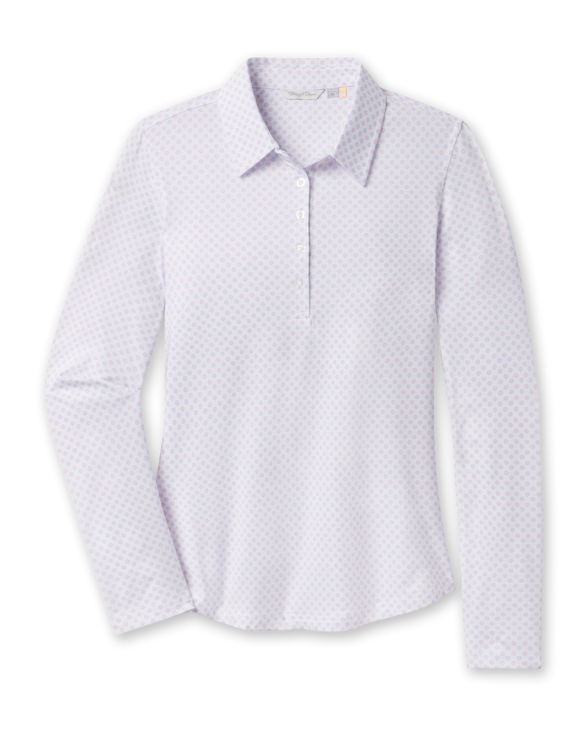 Front product view of the Roses Long Sleeve Polo in Cosmic with a white base, long sleeves, and allover rose print