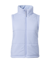 Women's Sandy Vest in Lavender, flat lay front view featuring a solid light purple quilted puffer vest with a stand collar, full-length zipper closure, and fleece collar interior