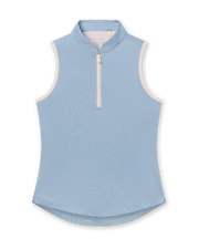 Women's Georgia Stripe Sleeveless Polo in Coastal, flat lay front view featuring a tonal horizontal stripe pattern in blue and white with a quarter zip closure, stand-up collar, and contrast cream armhole trim