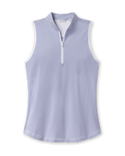 Georgia Stripe Sleeveless Polo in Tidal Blue micro stripe print, front view