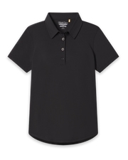 Women's Abbot 2.0 Polo in Black, flat lay front view featuring a solid black short sleeve polo with a curved hem