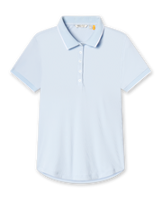 Women's rib knit polo shirt in light blue with white trim on the collar and sleeve cuffs.