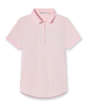 Women's pale pink rib knit polo shirt with white trimmed collar, button placket and short sleeves