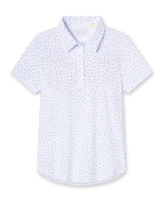 Straight Down Cherry Bloom Polo in White, flat lay front view featuring an allover purple and pink scattered floral print