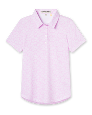 Straight Down Kiana Polo in Pink Floyd, flat lay front view featuring a pink and white allover tropical floral and leaf print