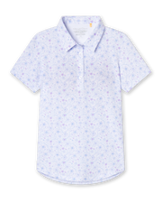 Straight Down Mariette Polo in Pink Floyd, flat lay front view featuring an allover blue and purple vine floral print